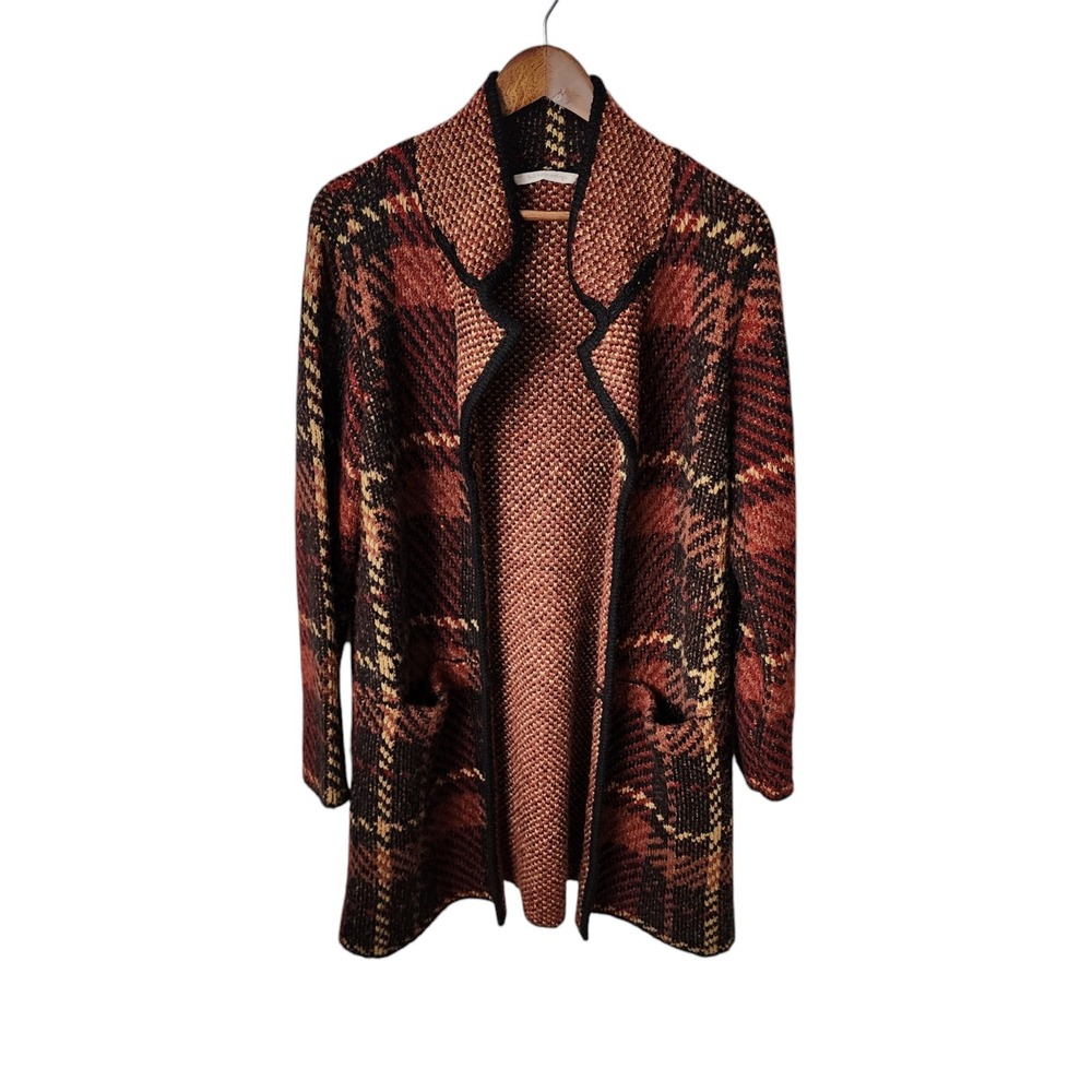 Soft Surroundings Aurora Topper Cardigan Sweater Brown Orange Plaid Open Sz M